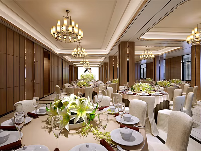 Elegant Banquet Hall Interior With Chandeliers Wooden Walls White Chairs And Flower Arrangements 3d model