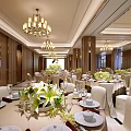 Elegant Banquet Hall Interior With Chandeliers Wooden Walls White Chairs And Flower Arrangements