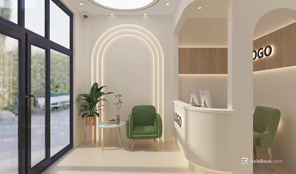 Modern Hospital Outpatient Clinic Lobby With Arched Doorway Large Window Wooden Decor Green Chair 3d model 