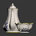 White Ceramic Tea Set With Blue Red Floral Patterns And Yellow Rim Teacups