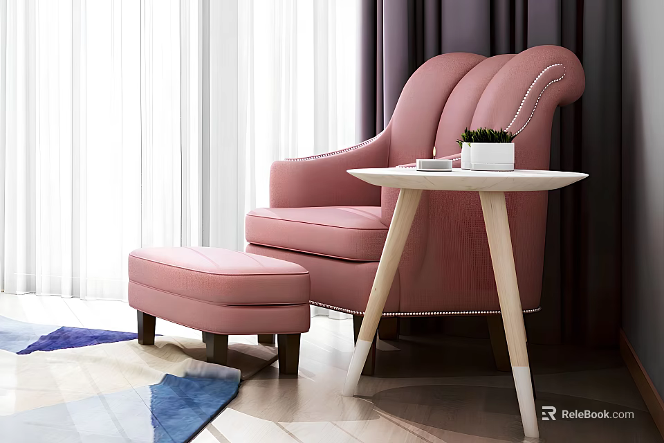 Pink Comfortable Single Sofa With Ottoman Small Side Table Plant Curtain And Rug 3d model 