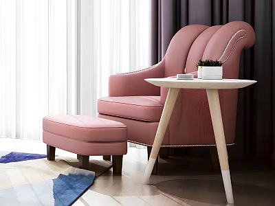 Pink Comfortable Single Sofa With Ottoman Small Side Table Plant Curtain And Rug 3d model