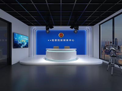 Modern New Media Studio Office With Round Anchor Desk City View And Complete Broadcast Equipment 3d model