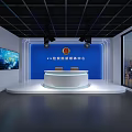 Modern New Media Studio Office With Round Anchor Desk City View And Complete Broadcast Equipment
