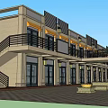 Modern Commercial Street Building With Multi Level Structure Staircase Storefronts And Central Fountain
