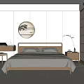 Minimalist Modern Bedroom Interior With Wooden Elements Round Decorative Painting Sliding Doors And Rug