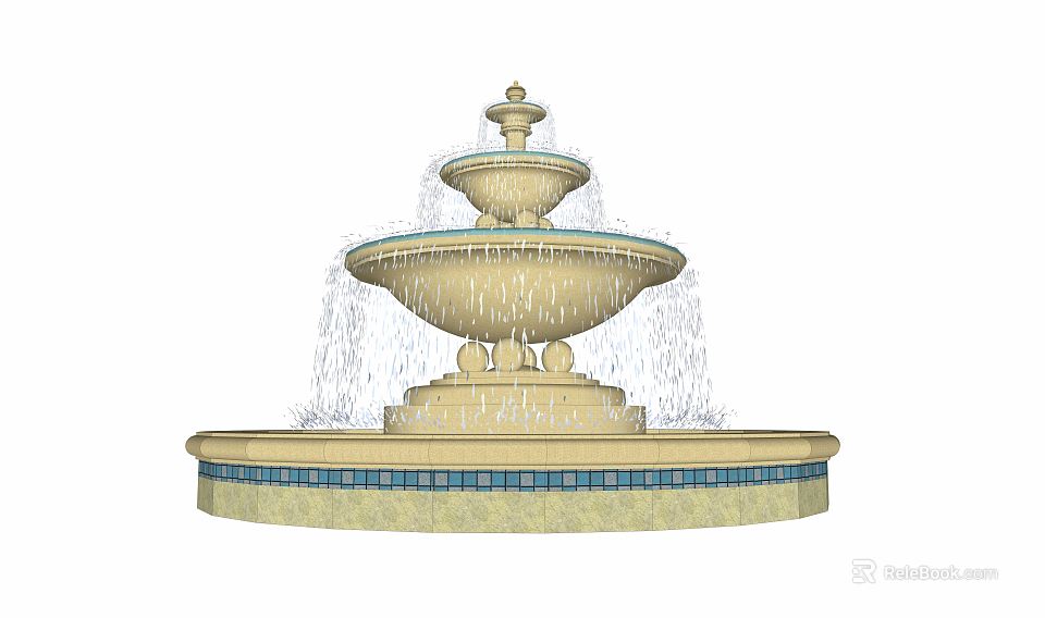Multi Tiered Stone Fountain With Cascading Water And Blue Tile Base 3d model 