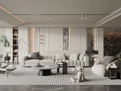 Modern Living Room Interior With Light Sofa Striped Rug Coffee Table And Decor Plants 3d model