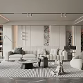 Modern Living Room Interior With Light Sofa Striped Rug Coffee Table And Decor Plants