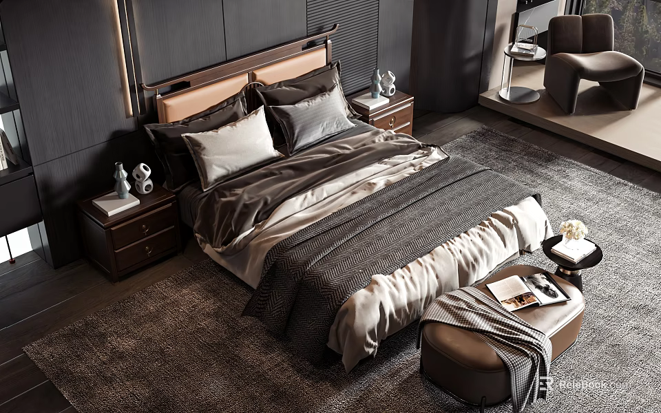 Modern Luxury Bedroom Double Bed Featuring Dark Headboard Nightstands Table Lamps Rug And Bed Bench 3d model 