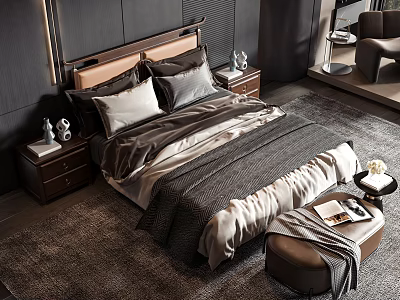 Modern Luxury Bedroom Double Bed Featuring Dark Headboard Nightstands Table Lamps Rug And Bed Bench 3d model