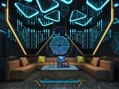Stylish KTV Lounge With Blue Neon Lights And Comfortable Brown Sofas 3d model