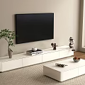 White TV Stand with TV Green Plant Books and Figurines in Modern Living Room View