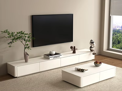 White TV Stand with TV Green Plant Books and Figurines in Modern Living Room View 3d model
