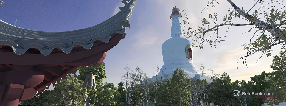 White Pagoda With Traditional Architectural Elements Surrounded by Green Trees Under Blue Sky 3d model 