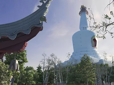 White Pagoda With Traditional Architectural Elements Surrounded by Green Trees Under Blue Sky 3d model