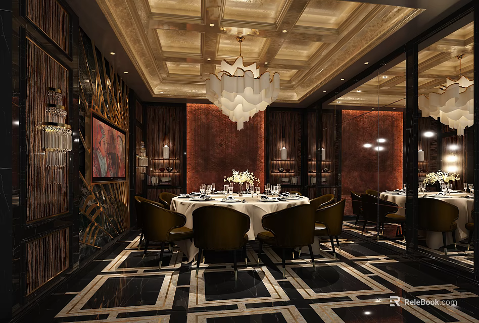 Luxurious Private Dining Room Interior With Crystal Chandelier Round Table And Dark Wooden Walls 3d model 