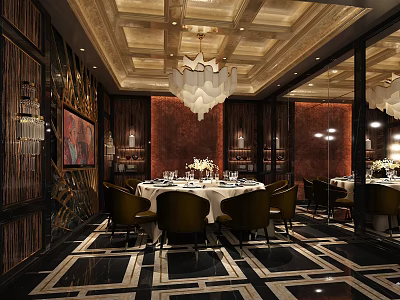 Luxurious Private Dining Room Interior With Crystal Chandelier Round Table And Dark Wooden Walls 3d model