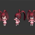 Anime Game Character With Red Hair Twin Ponytails Pink Outfit And Multiple Poses