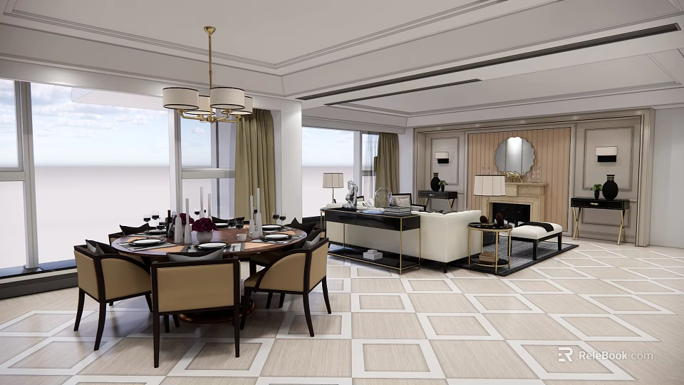 Elegant Modern Restaurant Dining Space With Round Table Chairs Chandelier Windows And Geometric Floor Design 3d model 