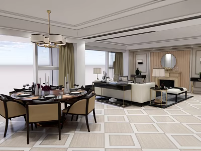 Elegant Modern Restaurant Dining Space With Round Table Chairs Chandelier Windows And Geometric Floor Design 3d model