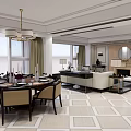 Elegant Modern Restaurant Dining Space With Round Table Chairs Chandelier Windows And Geometric Floor Design