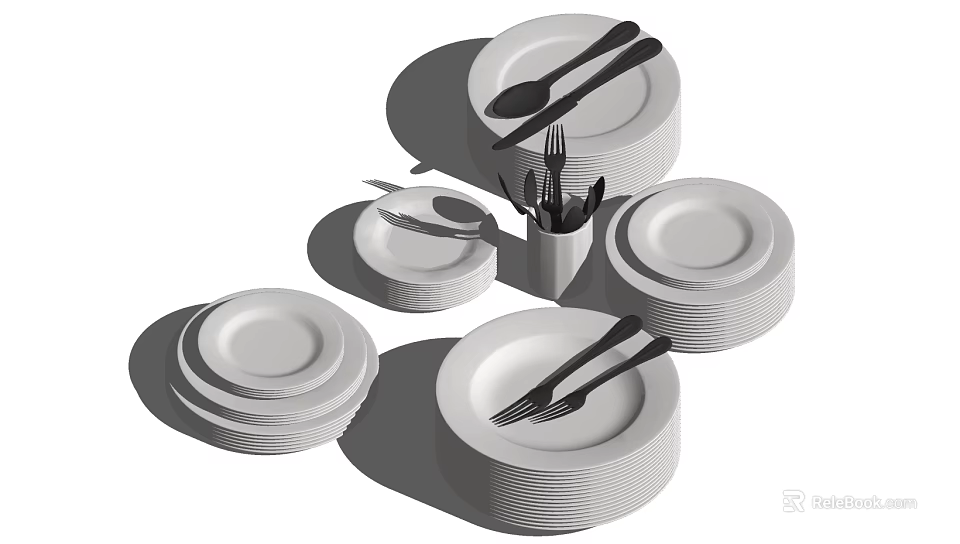 Neatly Arranged Kitchen Utensils With Stacked Plates Forks And Spoons 3d model 