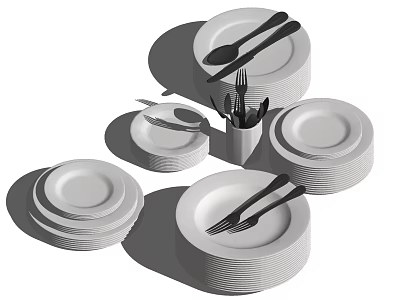 Neatly Arranged Kitchen Utensils With Stacked Plates Forks And Spoons 3d model