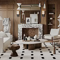 Elegant Living Room Interior Featuring Wooden Walls Marble Fireplace White Sofa And Decorative Rug