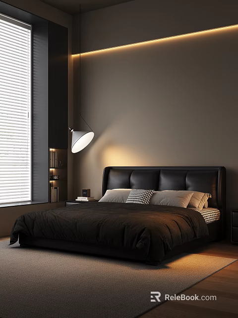 Modern Black Leather Upholstered Double Bed For Cozy Luxury Minimalist Bedroom Home Interior Design 3d model 