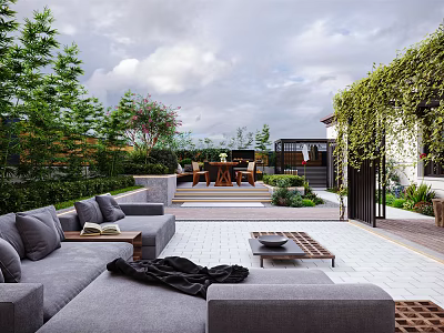 Serene Outdoor Garden Patio With Gray Sofa Dining Table And Lush Green Vines 3d model