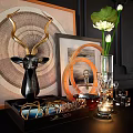 Modern Decorative Ornament Set With Deer Head Sculpture Circular Decorations Lotus Vase And Picture Frames