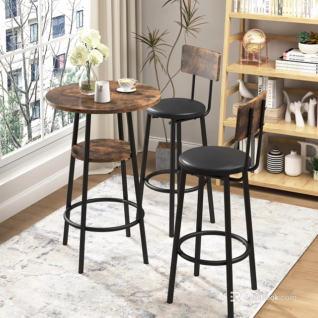 Modern Round Wooden Pub Table With Two Black Padded Stools And Wooden Shelf Decor 3d model 