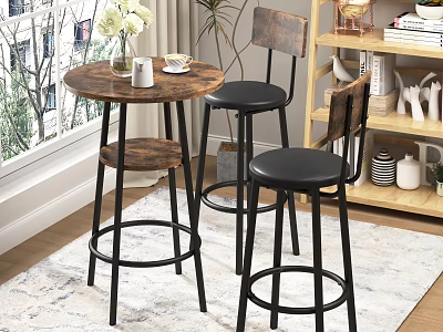 Modern Round Wooden Pub Table With Two Black Padded Stools And Wooden Shelf Decor 3d model
