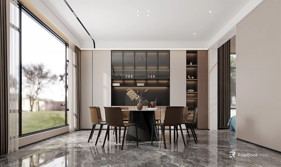 Modern Elegant Restaurant Interior With Dining Table Chairs Large Windows And Decorative Shelves 3d model