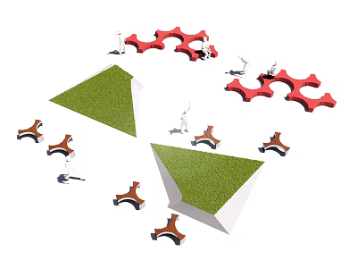 Triangular Flower Bed With Green Lawn Surrounded By Red Flower Pots And Wooden Benches 3d model