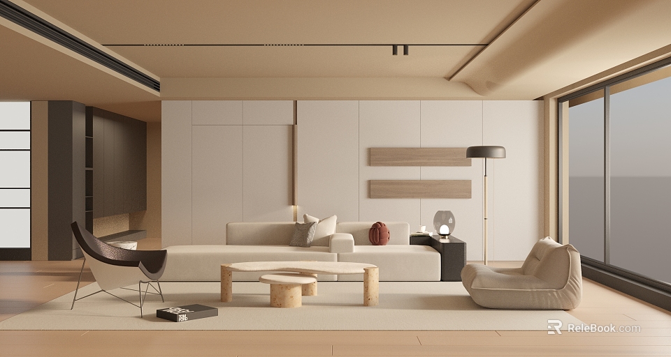 Modern Living Room Interior With Beige Sofa Round Coffee Table Floor Lamp And Wooden Decor 3d model 