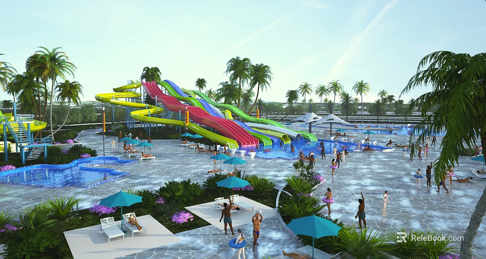 Vibrant Tropical Water Park Landscape Design With Colorful Water Slides And Lush Palm Trees 3d model 
