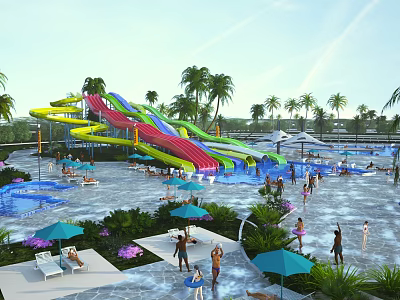 Vibrant Tropical Water Park Landscape Design With Colorful Water Slides And Lush Palm Trees 3d model