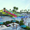 Vibrant Tropical Water Park Landscape Design With Colorful Water Slides And Lush Palm Trees