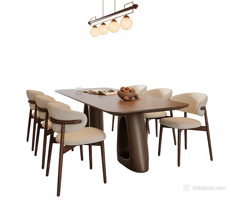 Modern Wooden Dining Table Set With Rectangular Table Upholstered Chairs And Hanging Pendant Lights 3d model