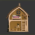 Wooden Miniature Dollhouse With Upper Bed Pink Mattress Ladder And Lower Table Stool