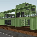 Modern Green Container Building With Multi Level Structure Outdoor Platform And Wooden Steps 3d model