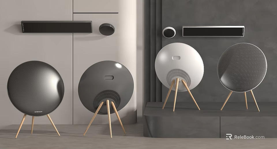 Modern Round Design Speakers in Black and White with Wooden Tripod Base 3d model 
