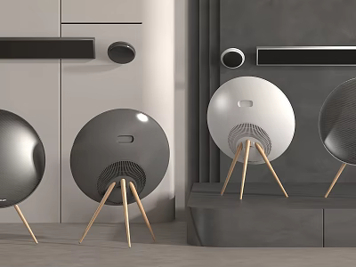 Modern Round Design Speakers in Black and White with Wooden Tripod Base 3d model