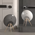 Modern Round Design Speakers in Black and White with Wooden Tripod Base