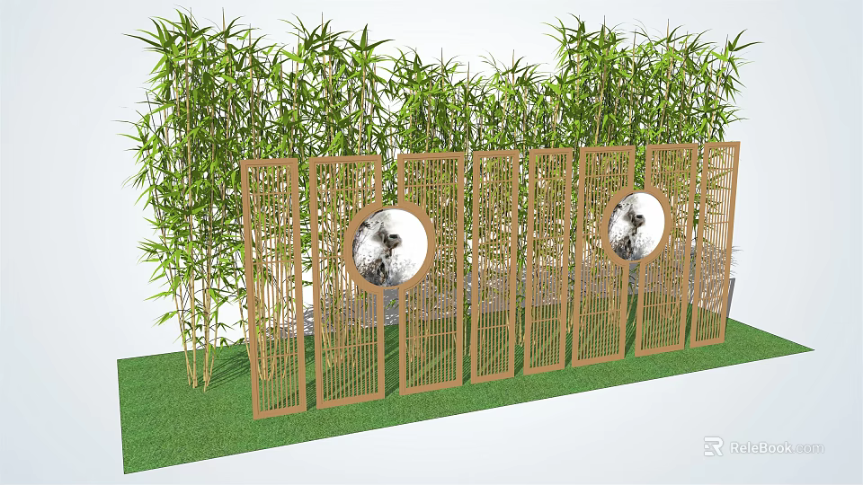 Wooden Partition With Circular Cutouts And Bamboo Plants In Garden 3d model 