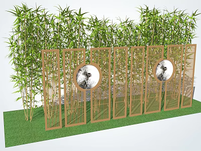 Wooden Partition With Circular Cutouts And Bamboo Plants In Garden 3d model
