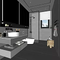 Modern Bathroom Interior With Floating Vanity Freestanding Toilet Glass Shower Large Mirror And Wooden Stool
