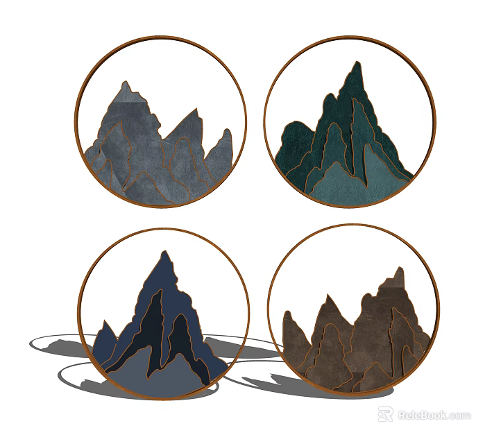 Round Mountain Pattern Wall Decor with Different Colored Frames and Scenic Designs 3d model